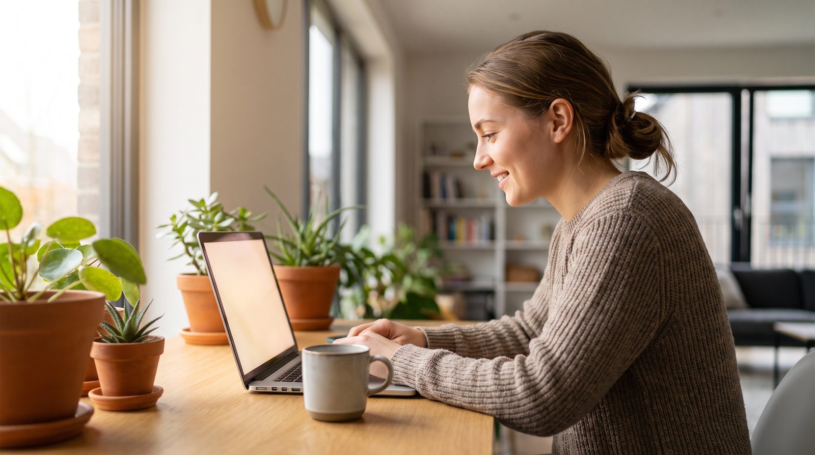 Woman working on her laptop beside a sunny window