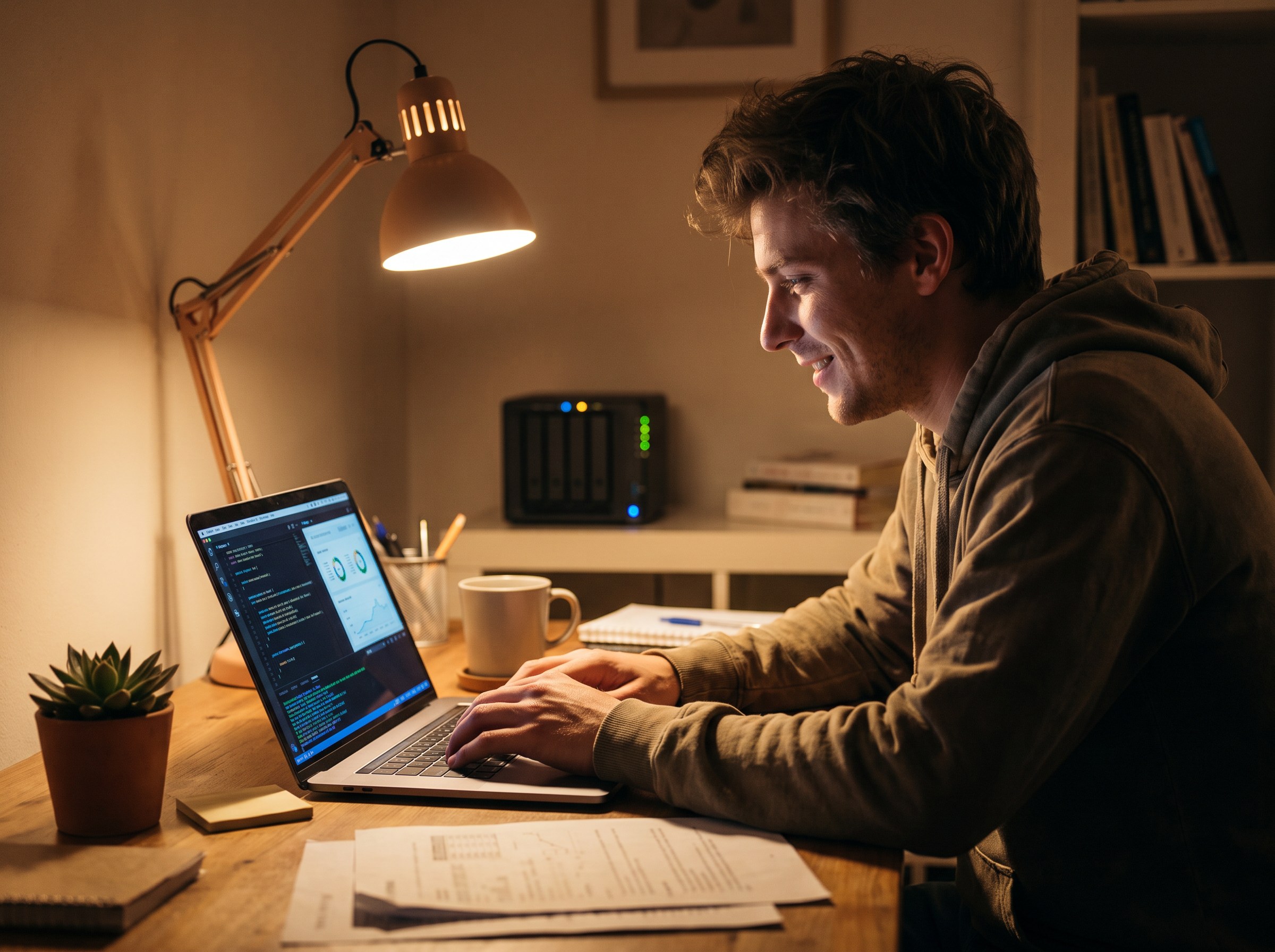Developer coding on a laptop at a warmly lit desk