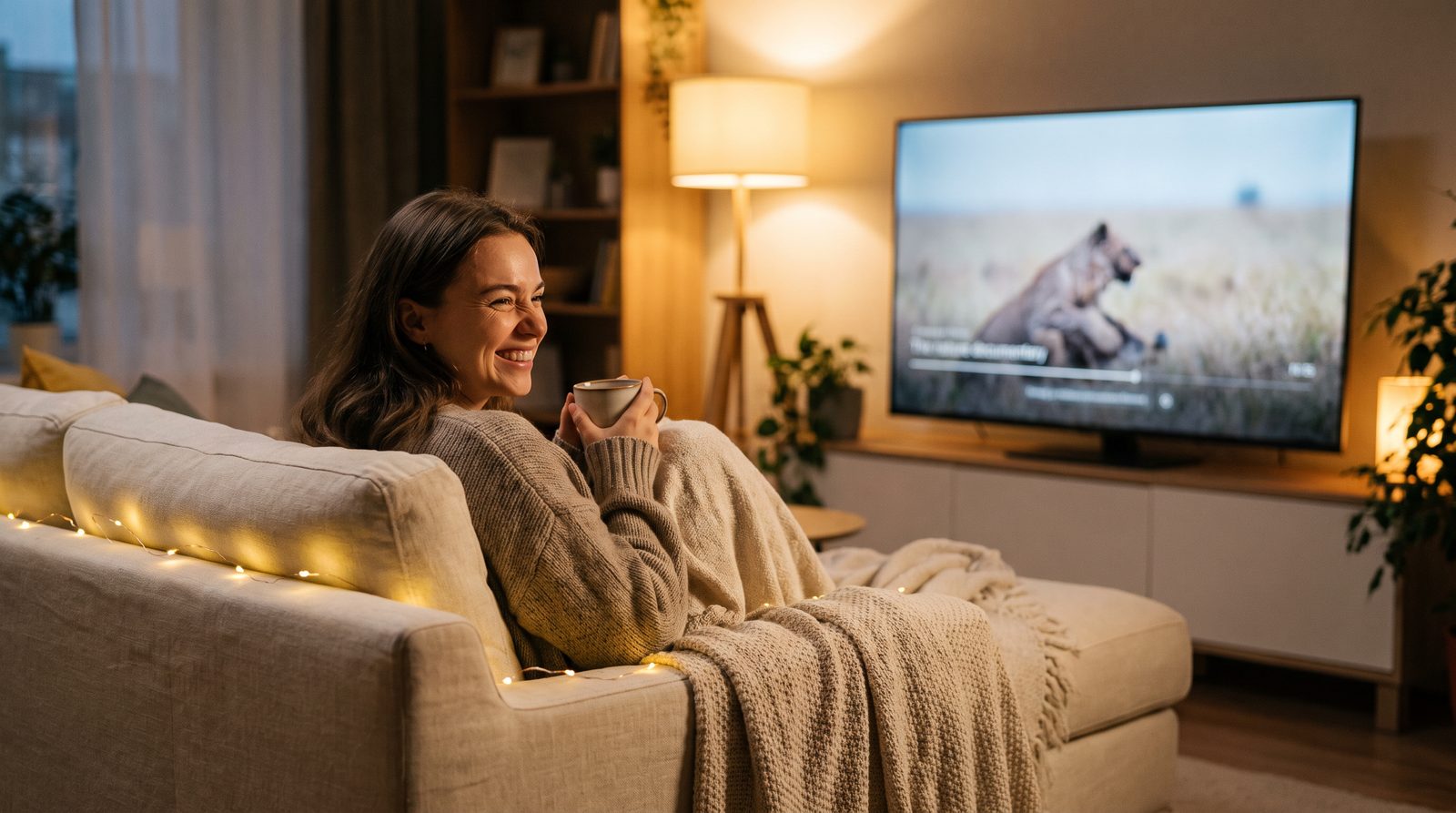 Woman relaxing on a sofa with a warm drink while watching TV